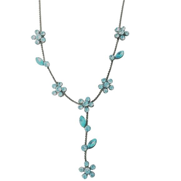 Blue Rhinestone Necklace Womens Chain Floral Stones Party Prom Event Occasion - Picture 2 of 4